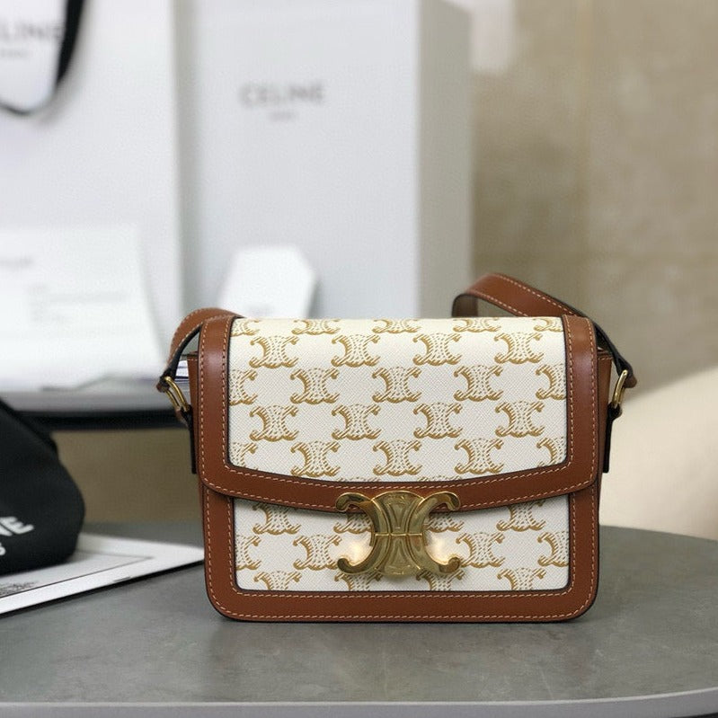 TEEN TRIOMPHE 18.5 WHITE MONOGRAMMA CANVAS TAN CALFSKIN | Studio Nafay