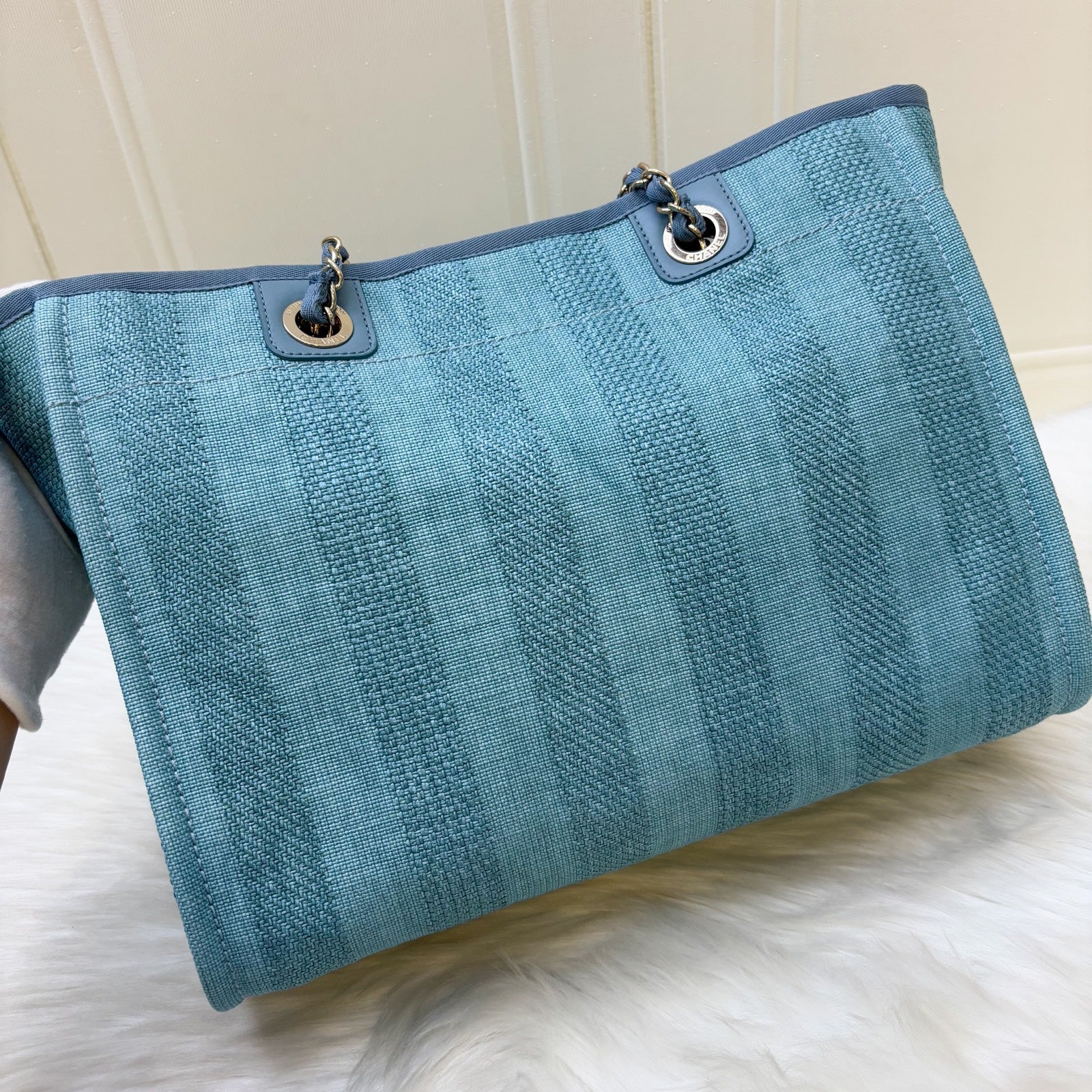 Chanel Small / Medium Deauville Shopping bag in Green / Turquoise Fabric and LGHW (Model: )