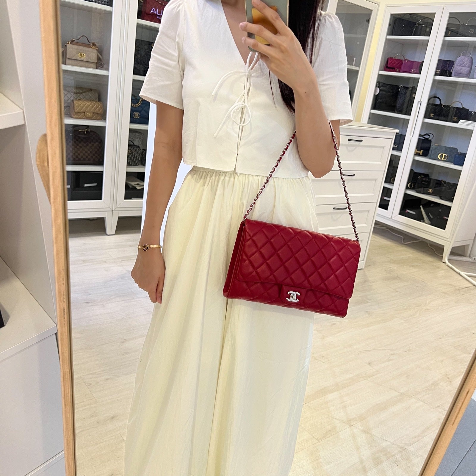 Chanel Classic Timeless Pochette with Chain in Red Lambskin and SHW (Model: )