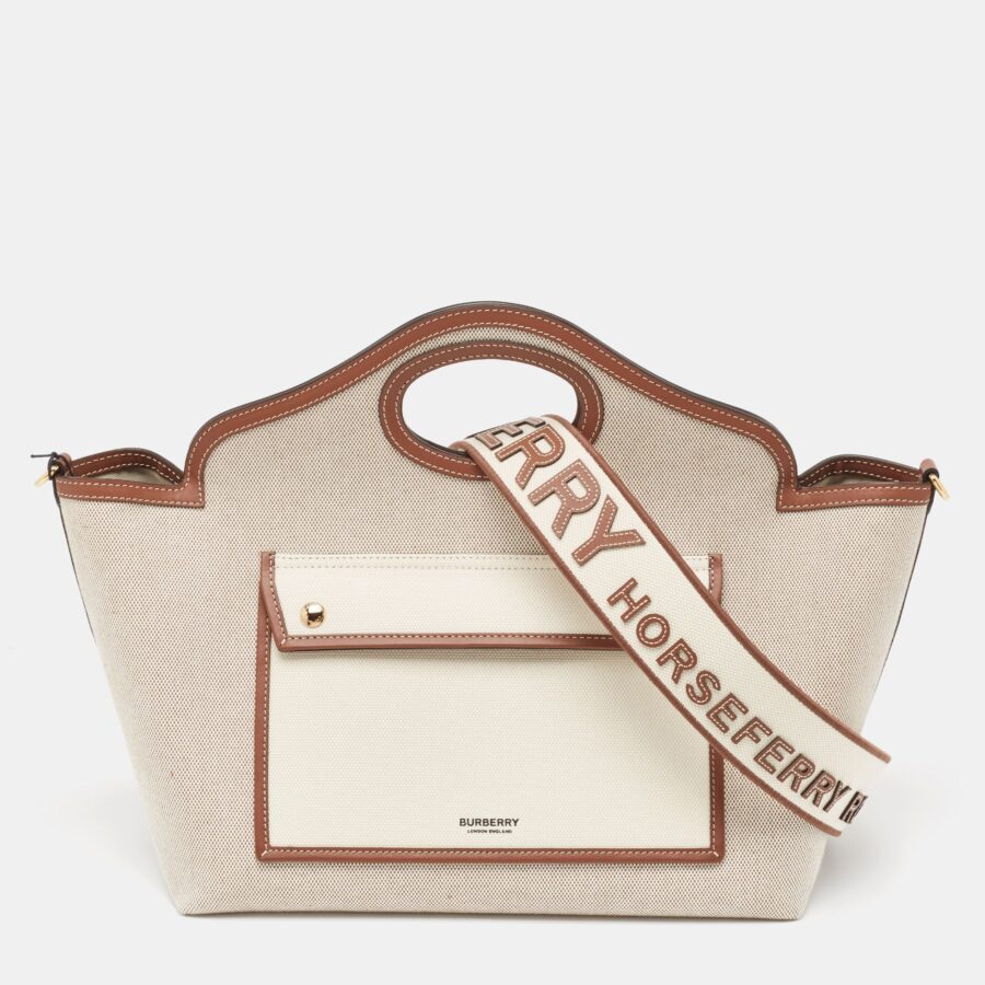 BURBERRY Beige/Brown Canvas and Leather Small Soft Pocket Tote | Studio Nafay