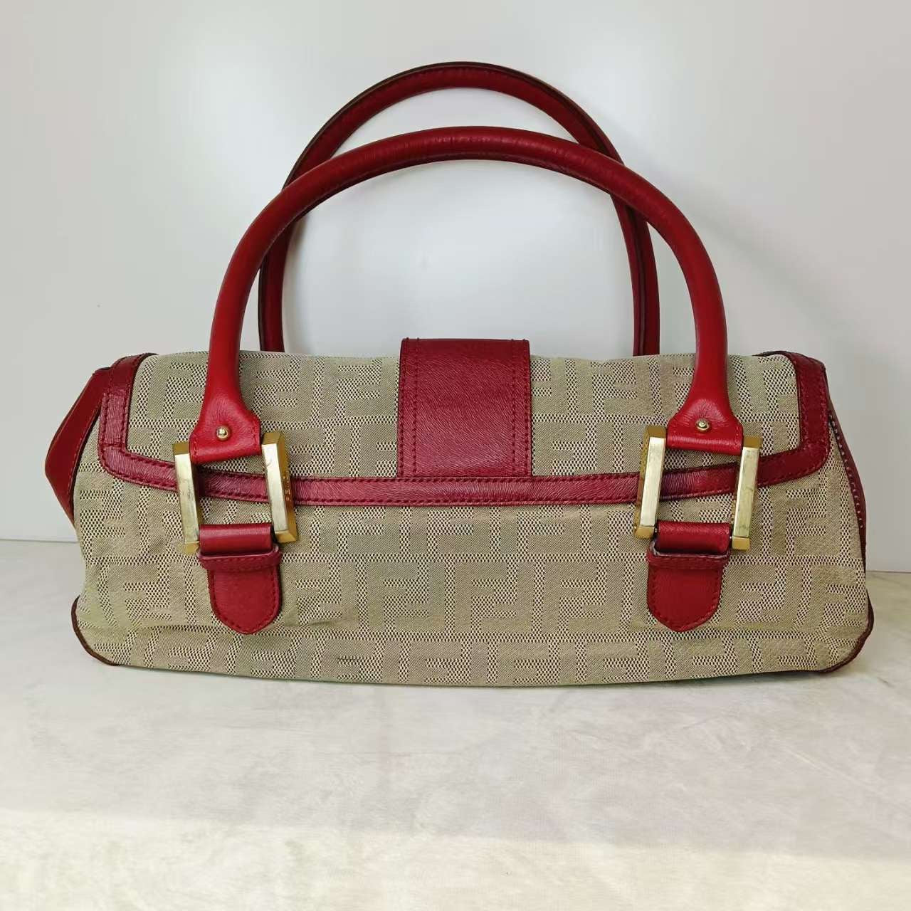 Fendi Tote Bag Beige Red Leather Canvas Handbag - Immagine del prodotto 2
